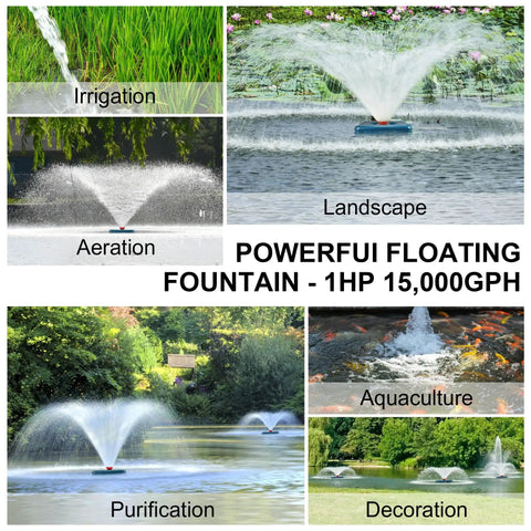 High Flow Pond Fountain Aerator Pump With 110V 1HP 750W Motor Delivers 15000 GPH Floating Aerating Fountain in various settings