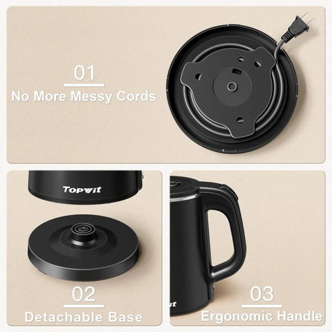 Ultra Portable 0.8L Electric Kettle With Stainless Steel Build, 800W Quick Boil features detachable base and ergonomic handle
