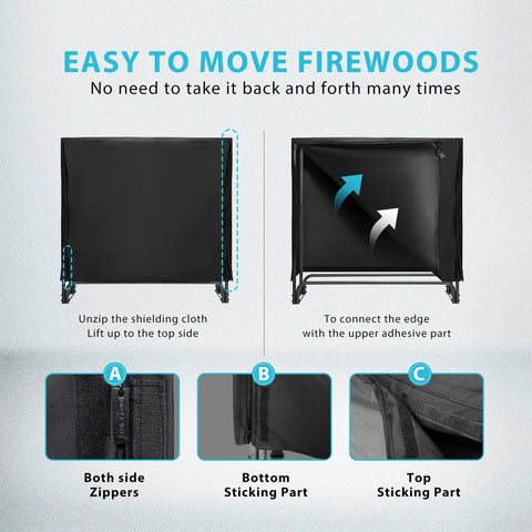 Diagram showing Heavy Duty Four Foot Indoor Outdoor Firewood Storage Rack With Weatherproof Zippered Cover and setup instructions.