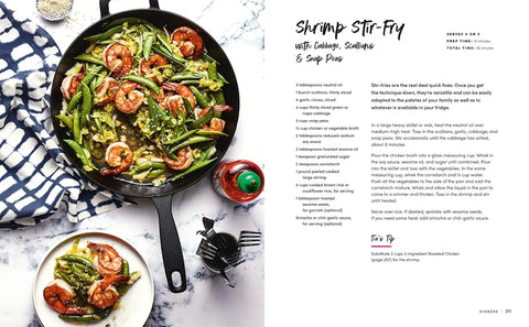 A No Fuss Kitchen Lifesaver Cookbook Featuring 65 Quick Healthy Recipes Plus Smart Time Saving Meal Hacks And Straightforward Cooking Tips For Stress Free Family Suppers Nationwide, shrimp stir-fry in a cast iron skillet.