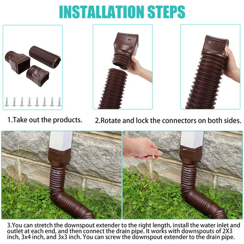 Installation steps for 2 Pack Flexible Downspout Extensions With Diverter, Extendable From 21 To 58 Inches, Brown, Drain Pipe Connector