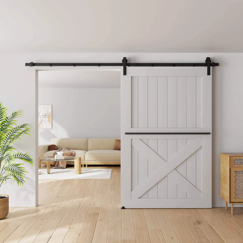 Installed 9FT Sliding Barn Door Hardware Kit for Single Doors up to 54 Inch, heavy duty carbon steel track with smooth nylon rollers in living room