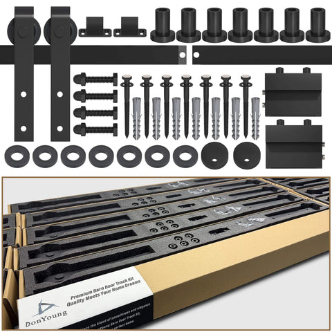 9FT Sliding Barn Door Hardware Kit for Single Doors up to 54 Inch, showing heavy duty carbon steel track and nylon rollers