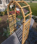 Golden Brown Cedar Arbor With Lattice To Help Climbing Plants Grow 47W X 89H Garden Trellis for vines and flowers in garden