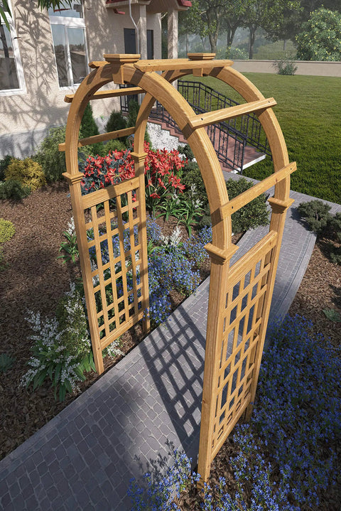 Golden Brown Cedar Arbor With Lattice To Help Climbing Plants Grow 47W X 89H Garden Trellis for vines and flowers in garden