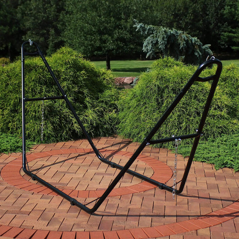 Universal Outdoor Hammock Stand Heavy Duty 550 Pound Capacity With Adjustable Length Fits 9 To 14 Foot Hammocks Including Mayan Brazilian Camping And Spreader Bar Styles Black Chains And Hardware Included on patio