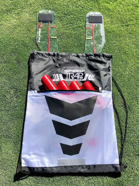 Speed Trap Two Point Zero Golf Swing Trainer Build Confidence And Nail Longer Straighter Shots with red rods and bag