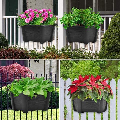 Top Tier Self Watering Wall Planters For Indoor Balcony And Railing Gardens, Dark Coffee Hanging Flower Pots, colorful flowers and greenery in wall planters.