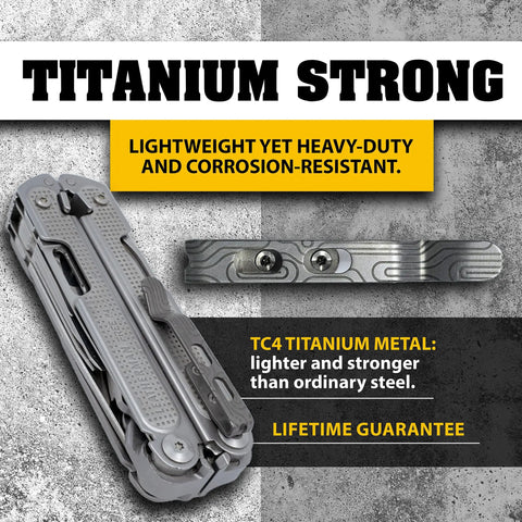 Fly Titanium Tc4 Pocket Clip Upgrade For Leatherman Free T And P Series Plus Arc Bond And Curl Multifunction Tools Matte Replacement showing TC4 titanium material and ergonomic design.