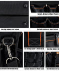 Heavy Duty 19 Pocket Tool Tote For HVAC Technicians And Electricians, rugged organizer details showing MOLLE loops, handles, and zippers.