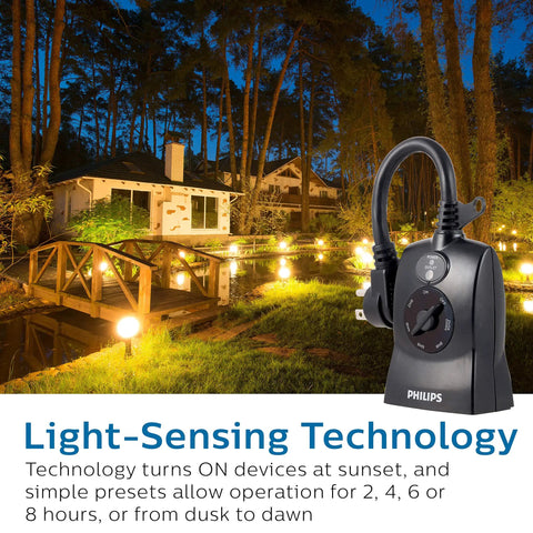 Outdoor Light Sensing Plug In Mechanical Timer With Dual Polarized Outlets For Yard And Patio Lighting in use at night near a house.