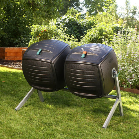 Dual Compost Tumbler With Two 50 Gallon Chambers For No Fuss Turning Black Outdoor Garden Bin For Yard Waste And Kitchen Scraps
