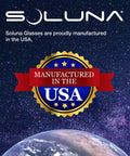 AAS Approved 2024 Solar Eclipse Glasses Made In The USA By NASA Approved Manufacturer badge and USA manufacturing logo over Earth image.