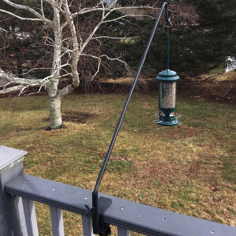 Hella Durable Expandable Deck Hook With A Two Inch Non Slip Railing Mount Super Long Twenty Five Or Thirty Six Inch Telescoping Pole Bracket for bird feeder.