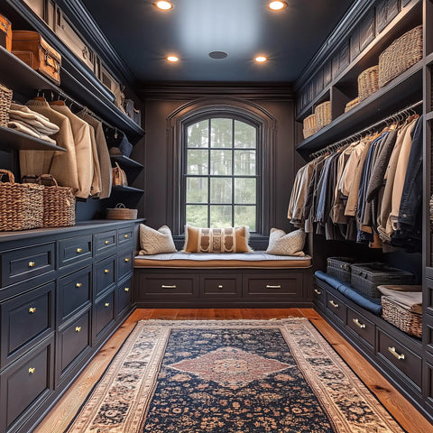 Luxury closet with organized shelves, a cozy bench, and elegant decor contrasting dark walls with light textiles.