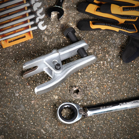 GearWrench ball joint separator 3916D; silver metal tool with forked jaw and threaded bolt, front view