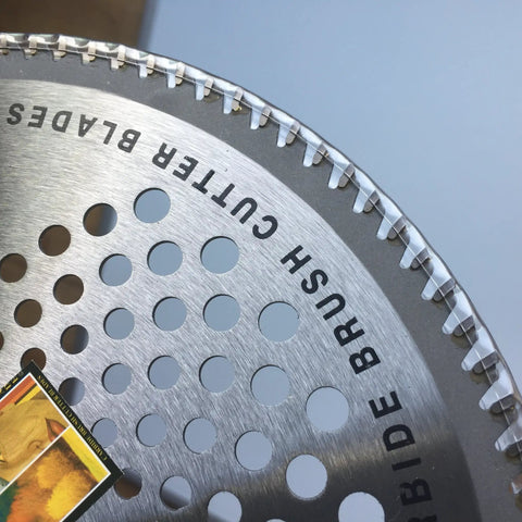 Three Pack Carbide Tipped String Trimmer Blades Eight Inch close-up view of heavy duty brush cutter attachment with cutting teeth.