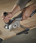 User operating Rock Solid Heavy Lifter 20V Compact Circular Saw Kit on plywood for precise cutting.