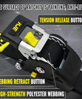 Close-up of Retractable Ratchet Straps 4 Pack 2 Inch By 10 Foot Heavy Duty Tie Downs with black and yellow tension release button