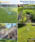 Adjustable Nine Pattern Spot Sprinkler with heavy duty metal base spraying water across a garden, showing versatility in lawn and garden watering.