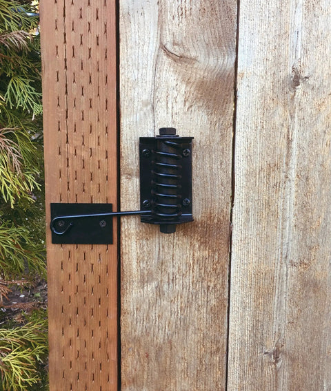 Flat Gate Closer Self Closing Adjustable Gate Spring For Wood And Vinyl Gates Ideal For Yard Pool And Dog Gates Powder Coated Outdoor Hardware Made In USA installed on wooden gate
