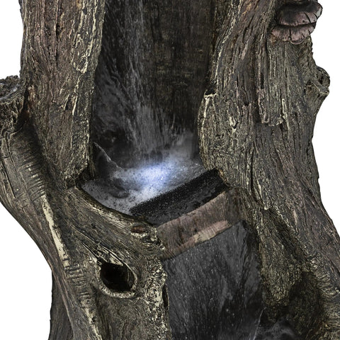 Close-up of Outdoor Rainforest Waterfall Tree Trunk Floor Fountain With Led Lights, Tiered Garden Decor, 41 Inch Tall Brown