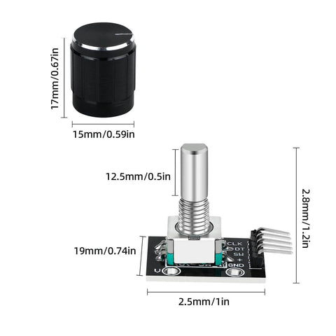 KY-040 360 Degree Rotary Encoder Module Kit dimensions with knob cap for Arduino projects, showing precise measurements.