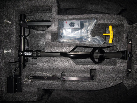 Pilot AA Camera Stabilization System With Sled, Vest, Arm, Backpack Transport, AA Battery Mount in padded case view