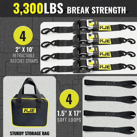 Retractable Ratchet Straps 4 Pack 2 Inch By 10 Foot Heavy Duty Tie Downs with storage bag and soft loops, 3300 lb break strength