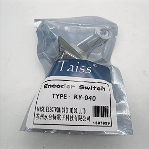 Packaged KY-040 encoder switch with enclosure, labeled as type KY-040 from TAISS Electronics, featuring aluminum knob cap.