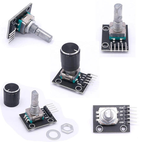 Five Pack KY-040 Rotary Encoder Modules With Aluminum Knob Caps, 15x16.5 mm, 5V, counts pulses in both directions, great for DIY projects.