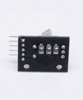 Back view of Five Pack KY-040 Rotary Encoder Modules with aluminum knob caps, showing pins and resistors for Arduino and Raspberry Pi DIY projects.