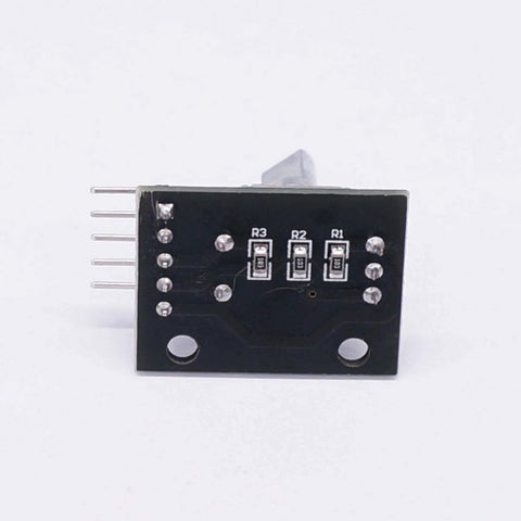 Back view of Five Pack KY-040 Rotary Encoder Modules with aluminum knob caps, showing pins and resistors for Arduino and Raspberry Pi DIY projects.