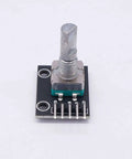 Five Pack KY-040 Rotary Encoder Module with aluminum knob cap, 15x16.5 mm, 5V, for Arduino and Raspberry Pi, front view.