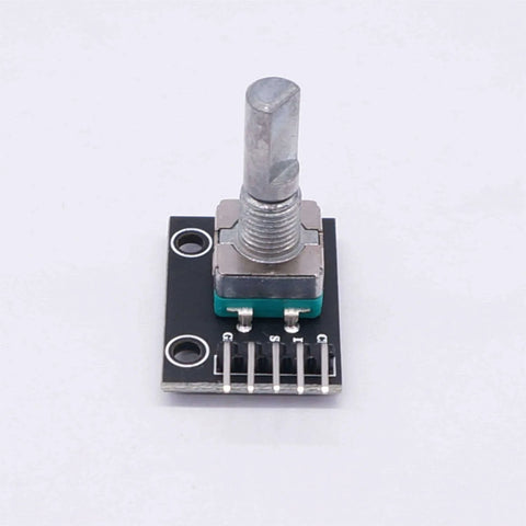 Five Pack KY-040 Rotary Encoder Module with aluminum knob cap, 15x16.5 mm, 5V, for Arduino and Raspberry Pi, front view.