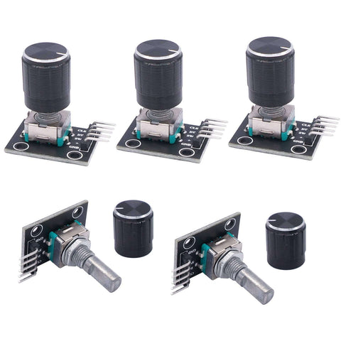 Five Pack KY-040 Rotary Encoder Modules With Aluminum Knob Caps, 15x16.5 mm, 5V, for DIY Projects and Arduino Raspberry Pi
