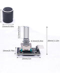 Five Pack KY-040 Rotary Encoder Modules With Aluminum Knob Caps, 15x16.5 mm, 5V, shown with dimensions for DIY projects.