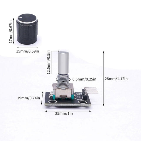 Five Pack KY-040 Rotary Encoder Modules With Aluminum Knob Caps, 15x16.5 mm, 5V, shown with dimensions for DIY projects.