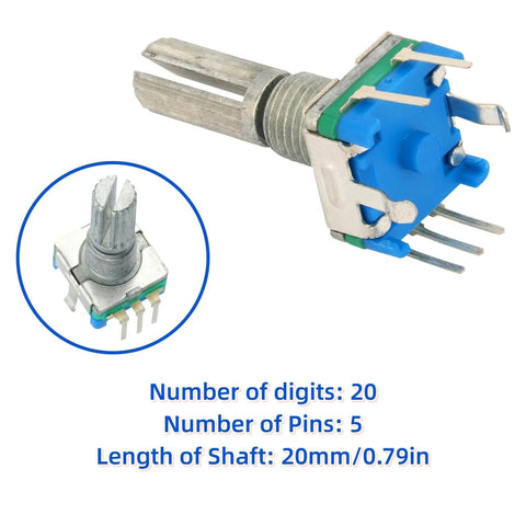 6 Pack EC11 Rotary Encoder With Push Button Five Pins 360 Degree Rotation Incremental Code Switch with knob, blue and silver design.