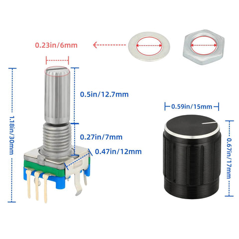 6 Pack EC11 Rotary Encoder With Push Button Five Pins 360 Degree Rotation Incremental Code Switch dimensions illustration