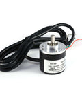 Incremental Rotary Encoder with AB Two Phase Output for Industrial Measurement shown with cable and metal shaft.
