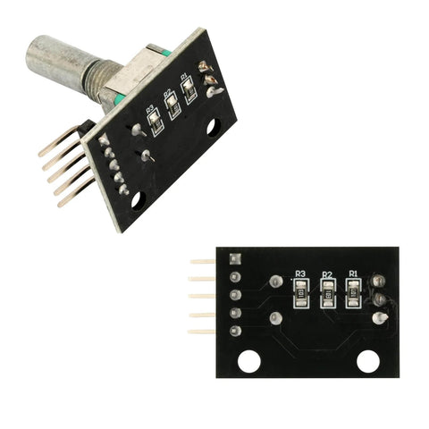 Six Pack KY-040 Rotary Encoder Modules With Push Button And Knob Cap For Arduino Makers, showing front and back views.