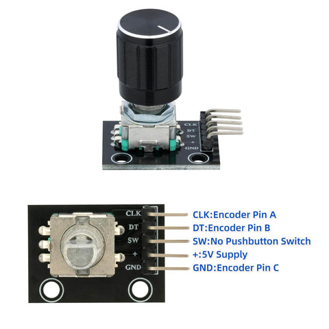 Top and bottom view of Six Pack KY-040 Rotary Encoder Modules With Push Button And Knob Cap For Arduino Makers And DIY Hobbyists.