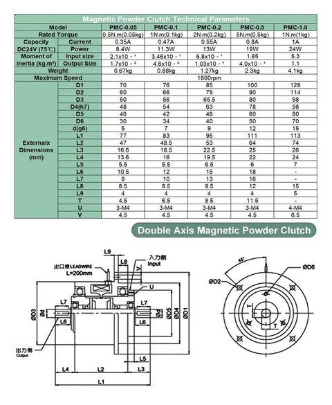 Technical specifications and drawings of Micro Magnetic Powder Clutch For Precision Motion Control 1800 RPM 0.5-10 Nm Torque Range.