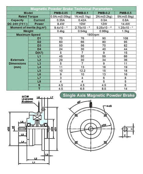Technical diagram of single axis magnetic powder brake with model specifications and external dimensions.