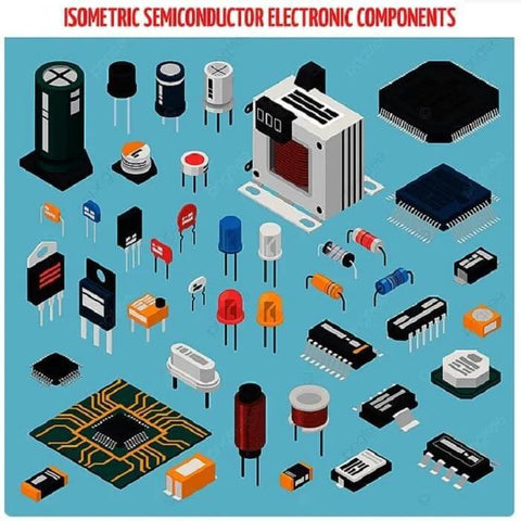 Isometric illustration of various semiconductor electronic components with microchips, capacitors, and transistors on blue background.