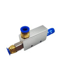Pressure Controlled Pneumatic Vacuum Generator Valve For Venturi Ejectors, CV Series, metallic body, blue fittings, close view.