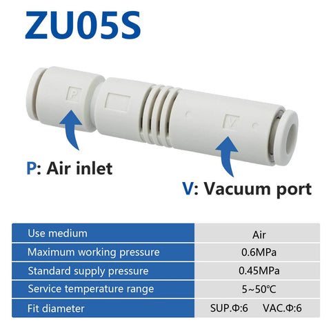 Push-In 6mm Pneumatic Vacuum Ejector ZU05S with air inlet and vacuum port, straight tube type for quick setup with 1/4 inch tubing.