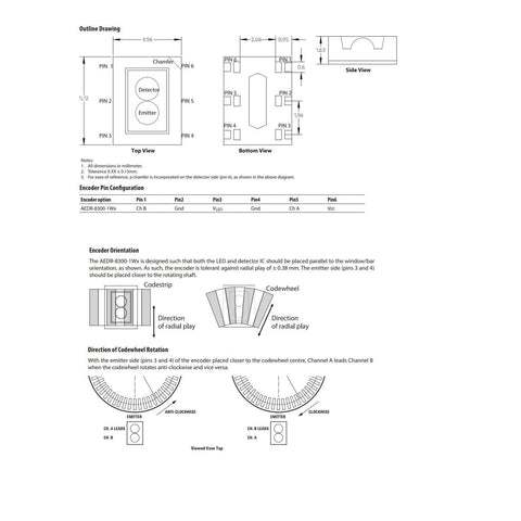 Technical diagram of the Two Pack AEDR-8300 Reflective Optical Encoder Modules with two channels and TTL level output.