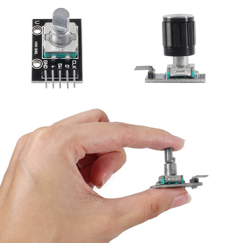 4 Pack KY 040 Rotary Encoder Modules with Knob Caps for DIY Microcontroller Projects, shown in hand for scale, 360 Degree Rotation